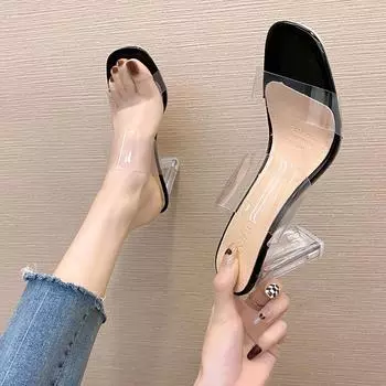 2024 Новые летние модные прозрачные тапочки женские на высоком каблуке летние вечерние женские прозрачные тапочки со стразами большие размеры 35-41 35 хаки