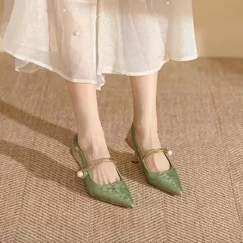 2024 Новые летние модные туфли с острым носком и жемчугом, женские сексуальные босоножки на высоком каблуке, женская обувь для банкета 35 бежевый