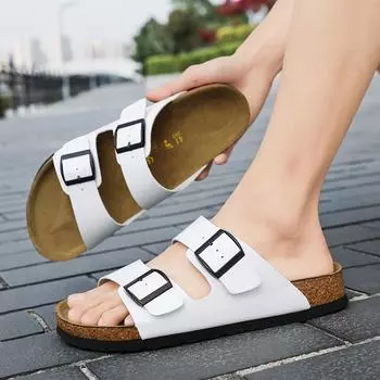 2024 Новые летние мужские тапочки из пробки, повседневные дышащие пляжные туфли с двойной пряжкой, нескользящие снаружи, из нубука, кожаные туфли без застежек 37 чёрный