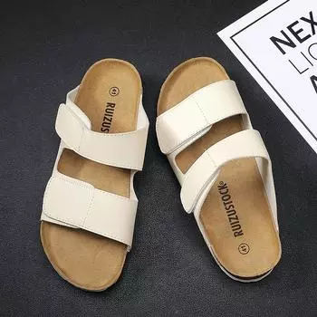 2024 Новые летние мужские тапочки из пробки, повседневные пляжные тапочки с двойной пряжкой, нескользящие, из матовой кожи, повседневные тапочки, размер 39-45 39 белый