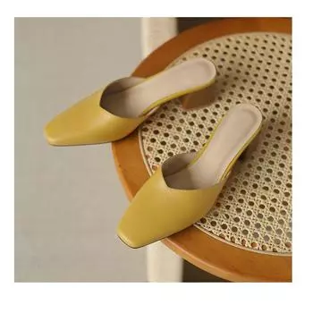 2024 Новые летние однотонные туфли на высоком каблуке для женщин с квадратным носком и модные полутапочки на одну ногу для женщин 35 бежевый