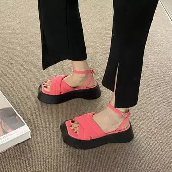 2024 новые летние сандалии женские босоножки с открытым носком квадратный носок танкетка повседневная обувь женские повседневные сандалии с пряжкой на толстой подошве женские 35