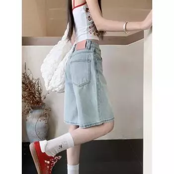 2024 Новые летние свободные брюки с широкими штанинами, брюки пятого покроя, потертые прямые брюки, женская одежда, утягивающие джинсы с высокой талией S синий