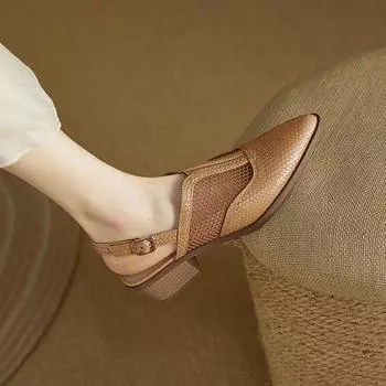2024 Новые летние тапочки Летняя обувь Мюли с острым носком Сандалии на толстом каблуке для женщин Ручная работа Два способа носить летние сандалии 34 чёрный