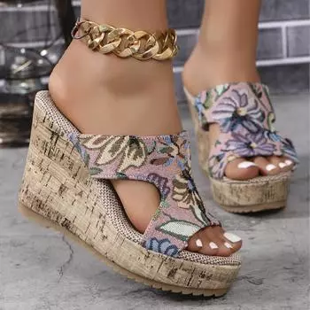 2024 Новые летние тапочки на платформе с вышивкой, ретро-тапочки с рыбьим ртом на высоком каблуке, сандалии на толстой подошве, модная женская обувь 36 розовый