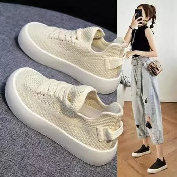 2024 Новые летние тонкие дышащие сетчатые женские туфли Fly Knit Толстая подошва Спортивная обувь Мужская повседневная резиновая верхняя часть Материал 35 бежевый