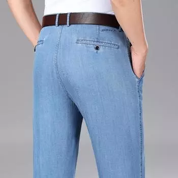 2024 Новые летние тонкие джинсы Tencel Мужские свободные прямые брюки Мужские эластичные брюки 28 светло-синий