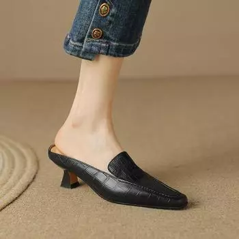 2024 Новые летние туфли из натуральной кожи на высоком каблуке, женские полутапочки с квадратным носком, слипоны, мюли, женские модные шлепанцы, женская обувь 34 чёрный