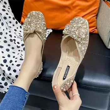 2024 Новые летние женские элегантные балетки с квадратным носком и пайетками, роскошные туфли Мэри Джейн с кристаллами и жемчугом, женская повседневная обувь на мягкой подошве 4.5 розовый