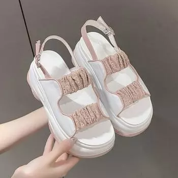 2024 Новые летние женские босоножки, модные универсальные женские повседневные босоножки на танкетке с открытым носком, римская платформа, женская обувь 34 чёрный