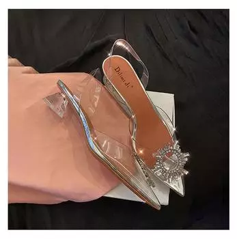 2024 Новые летние женские босоножки с острым носком, прозрачные, с пряжкой из водной бриллиантовой пряжки, на среднем каблуке, модные свадебные туфли с кристаллами 34