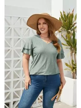 2024 Новые летние женские футболки с короткими рукавами и рюшами, элегантные повседневные женские футболки с V-образным вырезом, женские футболки больших размеров, уличные футболки, топы XL чёрный