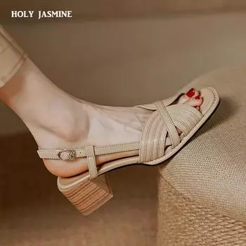 2024 Новые летние женские сандалии из натуральной кожи с пряжкой на ремешке, женская обувь, размер 34-42, однотонные, лаконичные, с обхватом щиколотки, женская обувь для вечеринок 34 хаки