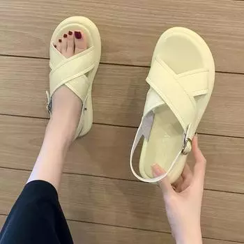 2024 Новые летние женские сандалии с открытым носком, модные повседневные туфли с пряжкой на низком каблуке и платформе, женские сандалии 35 белый