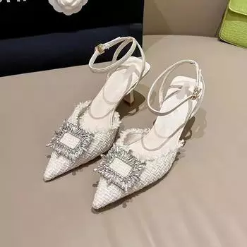 2024 Новые летние женские сандалии со стразами, модные, с острым носком, неглубокие, без застежек, женские, элегантные, с открытой пяткой, повседневные, на каблуках для женщин 35