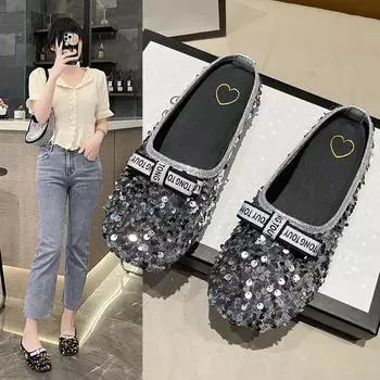 2024 Новые летние женские тапочки Baotou с мягкой подошвой, удобные классные тапочки, повседневная женская обувь на плоской подошве, zapatos de mujer 35 серебряный