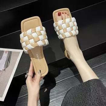 2024 Новые летние женские тапочки, модные плетеные сандалии в шахматную клетку, женские сандалии с открытым носком, повседневная обувь на плоской подошве с квадратным носком, тапочки 36 хаки
