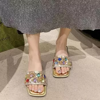 2024 новые летние женские тапочки, модные пляжные туфли большого размера с открытым носком, блестящие женские туфли на плоской подошве, украшенные стразами 36 золотой