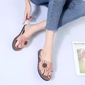 2024 Новые летние женские тапочки на плоской подошве с цветами, сандалии, женские пляжные шлепанцы в стиле бохо, большие размеры, пляжные тапочки на плоской подошве, женская обувь 35 розовый