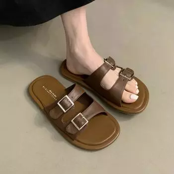 2024 Новые летние женские тапочки на плоской подошве, повседневные пляжные тапочки с двойной пряжкой, нескользящие снаружи, из искусственной кожи, коричневые туфли для женщин 35 абрикосовый
