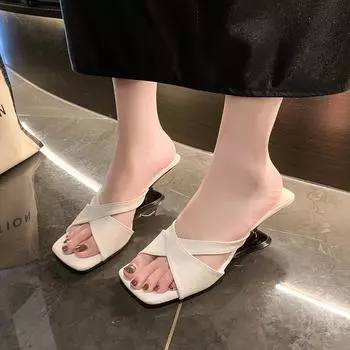 2024 Новые летние женские тапочки с квадратным носком, модные узкие шлепанцы, повседневная женская обувь на каблуке для улицы, роскошная дизайнерская обувь 35 чёрный