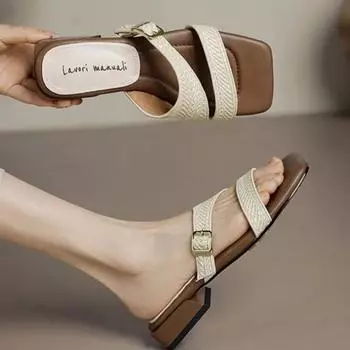 2024 Новые летние женские тапочки Женские туфли с открытым носком и средним каблуком Slingback Современные тапочки Гладиаторские туфли Zapatos De Mujer 35 абрикосовый