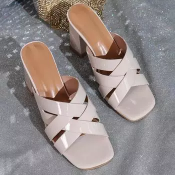 2024 новые летние женские туфли большого размера, однотонные, простые, во французском стиле, на толстом каблуке, с квадратным носком, женские тапочки 36 бежевый
