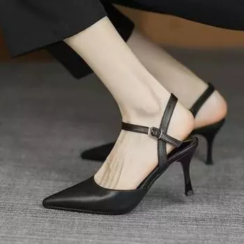 2024 Новые летние женские туфли, модные однотонные босоножки с острым носком и пряжкой на один ряд, на высоком каблуке-шпильке 35 бежевый