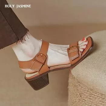 2024 Новые летние женские туфли с квадратным носком и толстым каблуком, женские сандалии из коровьей кожи на высоком каблуке с сплошным ремешком, повседневная обувь для женщин 34 шоколадный