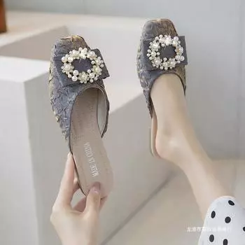 2024 Новые маленькие сандалии женские, французские вечерние, мягкие, для беременных женщин, полутапочки Baobao с квадратной головкой 35 бежевый