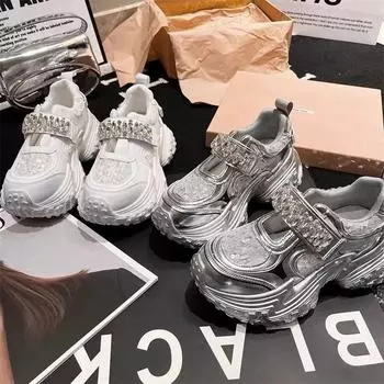 2024 Новые массивные туфли Мэри Джейн для женщин, спортивная обувь, модная повседневная обувь со стразами на мелкой платформе, женские балетки 35