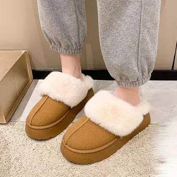 2024 Новые меховые тапочки женские зимние плюшевые сандалии роскошные шлепанцы на платформе женские толстые подошвы дизайнерская хлопковая домашняя обувь 36 чёрный