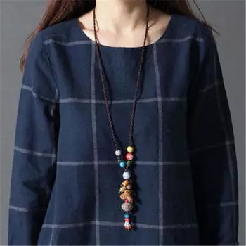 2024 новые модели, литературная и художественная женская одежда больших размеров, свободная, корейская версия длинного клетчатого платья из хлопка и льна для женщин M темно-синий