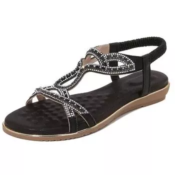 2024 Новые модные босоножки в богемном этническом стиле с цветочным принтом и стразами, удобные универсальные женские туфли с открытым носком 36 чёрный