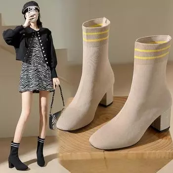 2024 Новые модные ботильоны женские туфли эластичные носки сапоги на толстом высоком каблуке стрейч сексуальные ботильоны с острым носком плюс 41 42 35 чёрный