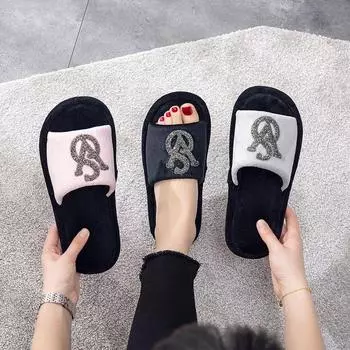 2024 Новые модные домашние тапочки из хлопка со стразами, зимние женские тапочки на плоской подошве с открытыми яркими бриллиантами 36-37 серый