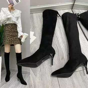 2024 Новые модные и удобные женские черные сапоги выше колена с подкладкой Осень-зима на высоком каблуке в корейском стиле 34 чёрный