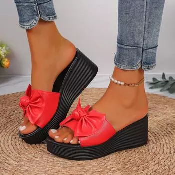 2024 новые модные и универсальные высококачественные популярные женские тапочки с украшением в виде банта, сплошной цвет, водонепроницаемая платформа 43 красный