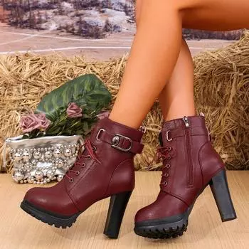 2024 Новые модные и универсальные женские туфли на платформе с высоким каблуком, однотонные простые женские современные ботинки Botas Altas Plataforma Mujer 35 чёрный