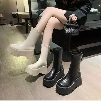 2024 Новые модные короткие женские ботинки с молнией сзади, на высокой платформе, с толстой подошвой, элегантные женские ботильоны в стиле панк для женщин 34 34 бежевый