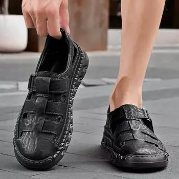 2024 Новые модные летние мужские сандалии ручной работы из воловьей кожи с мягкой подошвой, удобные тапочки с повязкой на голову 38 чёрный