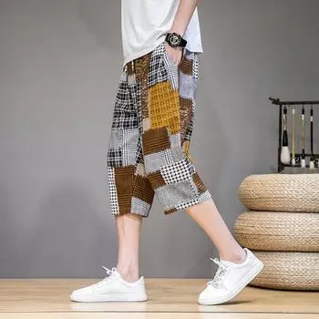 2024 Новые модные летние тонкие шелковые мужские капри с принтом и эластичной талией в китайском стиле, повседневные универсальные шорты-харен с нашивками M