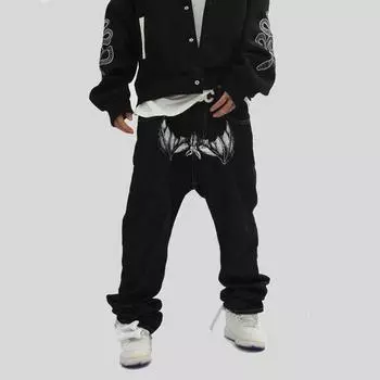 2024 Новые модные мужские джинсы с принтом, повседневные прямые брюки, модные облегающие брюки S чёрный