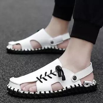 2024 Новые модные мужские сандалии ручной работы для улицы, тапочки, дышащие удобные мужские сандалии, открытая обувь, повседневные мужские белые сандалии 38 чёрный