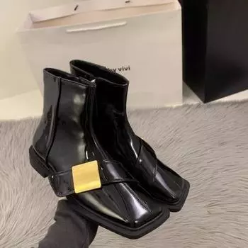 2024 Новые модные однотонные ботинки осень-зима для женщин с короткими ботинками, металлической отделкой и квадратным носком 35