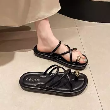 2024 Новые модные однотонные универсальные летние женские тапочки с открытым носком и тонким ремешком, комбинированные женские туфли-флип-тоу Zapatos 35 бежевый