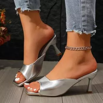 2024 Новые модные однотонные универсальные женские тапочки с открытым носком, туфли с открытым носком, летняя удобная женская обувь Zapatos 35 серебряный