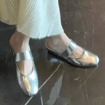 2024 Новые модные однотонные женские тапочки летние квадратные носки на низком каблуке универсальные яркие женские туфли с булочкой Zapatos Mujer 35 серебряный