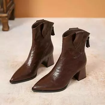 2024 Новые модные популярные женские сапоги с острым носком на толстом каблуке телесного цвета, универсальные профессиональные женские сапоги с молнией сзади 34 коричневый