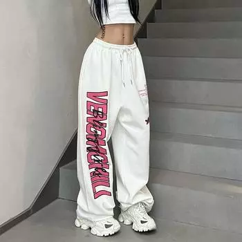 2024 Новые модные повседневные брюки в стиле хип-хоп для уличных танцев, спортивные свободные широкие брюки с принтом S белый